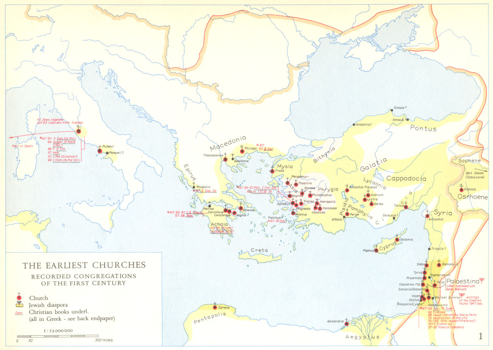 CHRISTIANITY.Earliest Churches recorded congregations of 1C 1958 old map